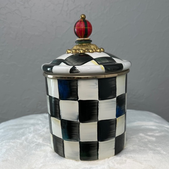 MacKenzie-Childs Black and White Checkered Canister with Colorful Knob - Picture 3 of 12
